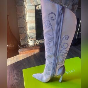 Gianni Bini Silver Heeled Boots with Blue Embellishments